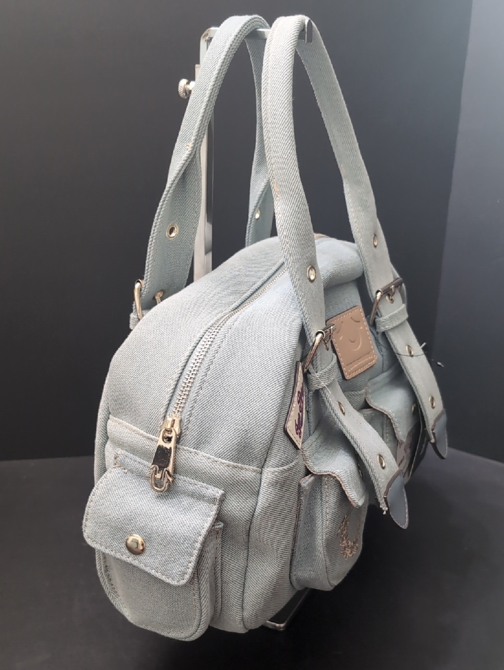 NWT,True Religion Light Wash Denim Satchel with Multi-patch Details. - Picture 2 of 14
